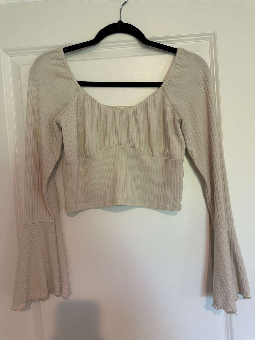 Altar'd State Cream Ribbed Scoop-Neck Bell Sleeve Crop Top